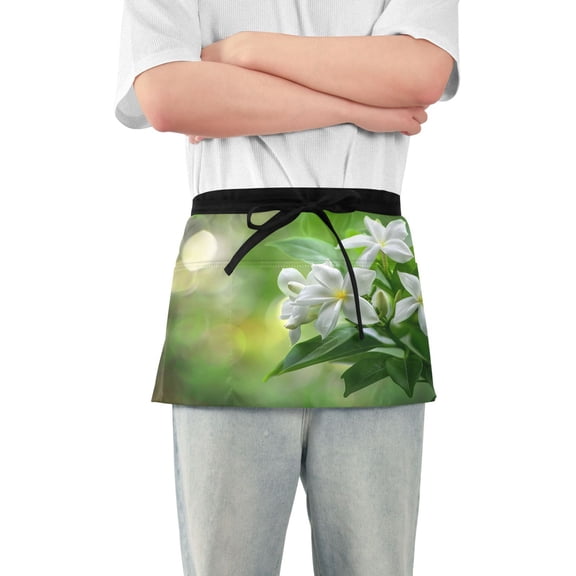 Beautiful Jasmine Flower Server Apron with 3 Pockets Waterproof Waitress Waist Short Apron for Man Woman 12 Inches