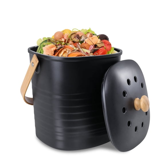 Black Kitchen Compost Bin,Compost Bucket for Countertop with No Smell Filters - Easy to Clean 1.1 Gallon Bin,Odor‑Proof Indoor Composter