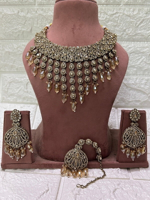 Women's Designer Brass High Gold Antique Golden & Kundan Rajwadi Necklace Set with Earrings