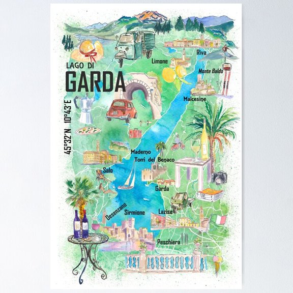 Beautiful Lake Garda Italy Illustrated Tourist Landmark Map Wall Decor, Unframed Poster
