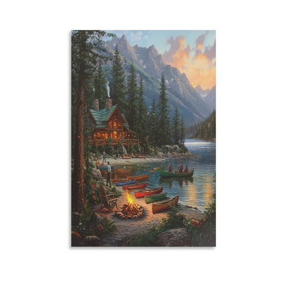 Beautiful Lakehouse in The Mountains with Colorful Canoes Living Room Art Lake Reflection Canvas Wall Art Perfect for Home Decor Gifts & Keepsakes Canvas Prints 12x18inch Wall Decor