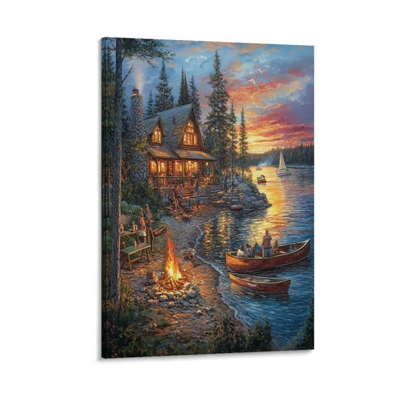 Beautiful Lakehouse Sunset Living Room Art Lake Camping Canvas Prints Wall Art Bathroom Decor Wall Art Canvas Prints 8x12inch Ready to Hang Wall Pictures Home Decor