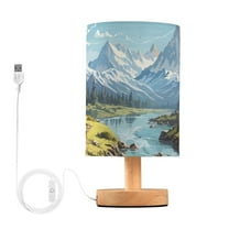 Beautiful Landscape River Mountain Bedside Table Lamp LED Warm Lights with USB Charging Port Retro Cylinder Desk Lamps for Bedroom Living Room Office Coffee Bar Decoration