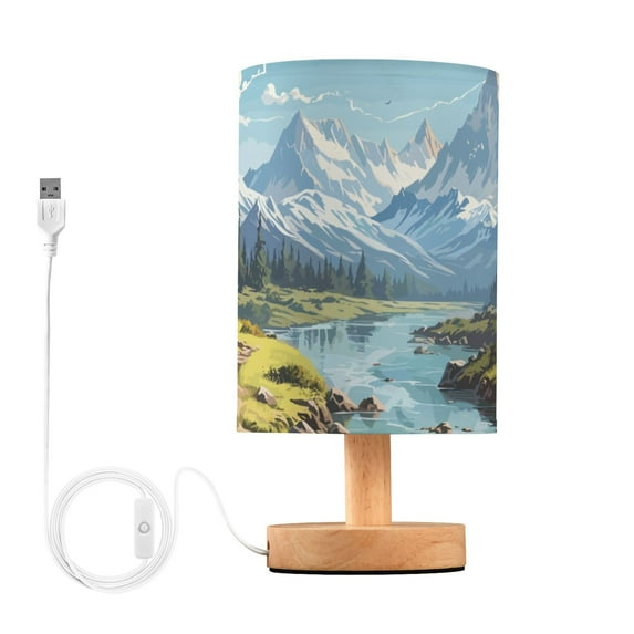 Beautiful Landscape River Mountain Bedside Table Lamp LED Warm Lights with USB Charging Port Retro Cylinder Desk Lamps for Bedroom Living Room Office Coffee Bar Decoration