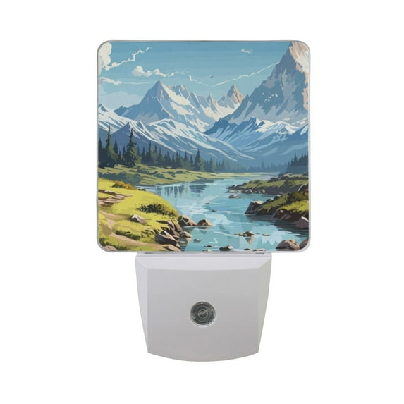 Beautiful Landscape River Mountain Night Light LED Dusk to Dawn Auto Sensor Night Lamp Plug-in Nightlight for Bedroom Hallway Kitchen 2 PCs