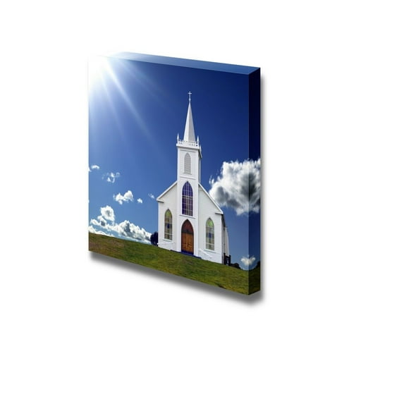 Beautiful Landscape Scenery Sun Rays Shining Down on a Small Christian Church on a Hill - Canvas Art Wall Art - 16" x 16"