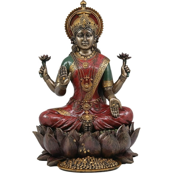 Beautiful Large Hindu Goddess Lakshmi Sitting On Lotus Flower Statue 12.25" Tall Hinduism Eastern Enlightenment Resin Altar Decor Figurine Deity of Prosperity Good Fortune Vastu Vishnu Shakti