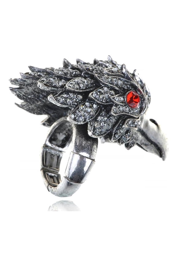 Beautiful Large Silver Tone Clear Crystal Rhinestone Falcon Bird Adjustable Ring