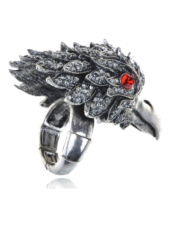 Beautiful Large Silver Tone Clear Crystal Rhinestone Falcon Bird Adjustable Ring