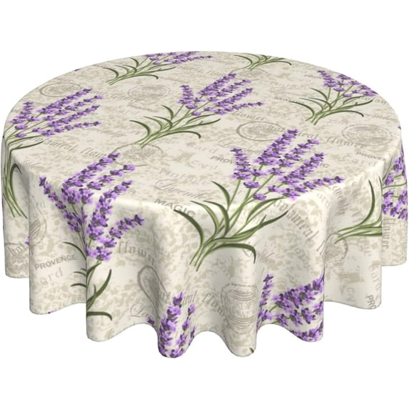 Beautiful Lavender Vintage Postcard Round Tablecloth Waterproof Wipeable Tablecloth Cover Home Restaurant Kitchen Picnic Party Decoration 60 Inch Circular Tablecloth for 20-47 Inch
