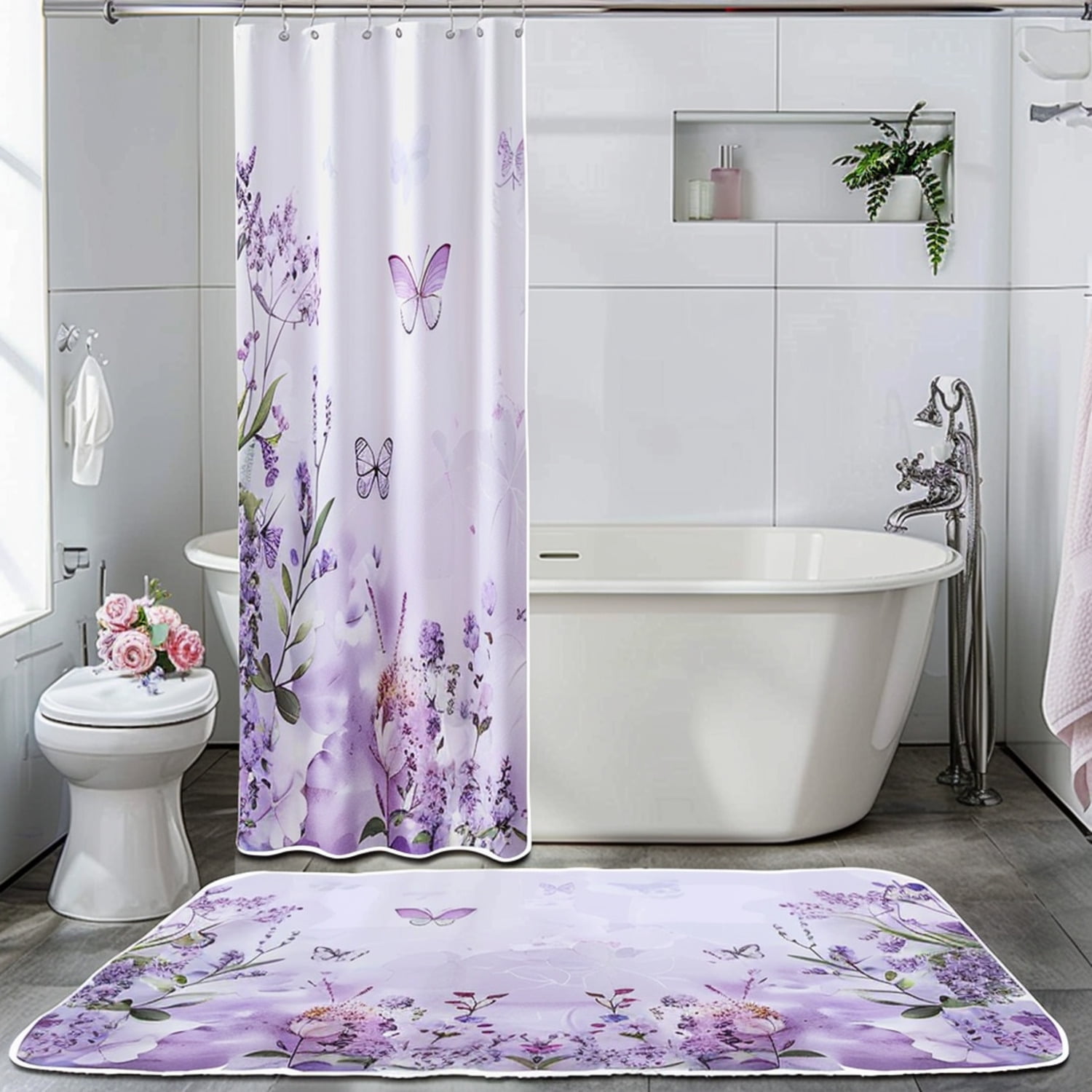 Beautiful Lavender and Butterfly Shower Curtain Floral Print Design with Nature Landscape Purple