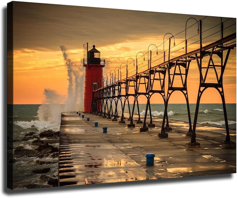Beautiful Lighthouse In South Haven Michigan Poster Canvas Print Photo Wall Art Home Living Room ...