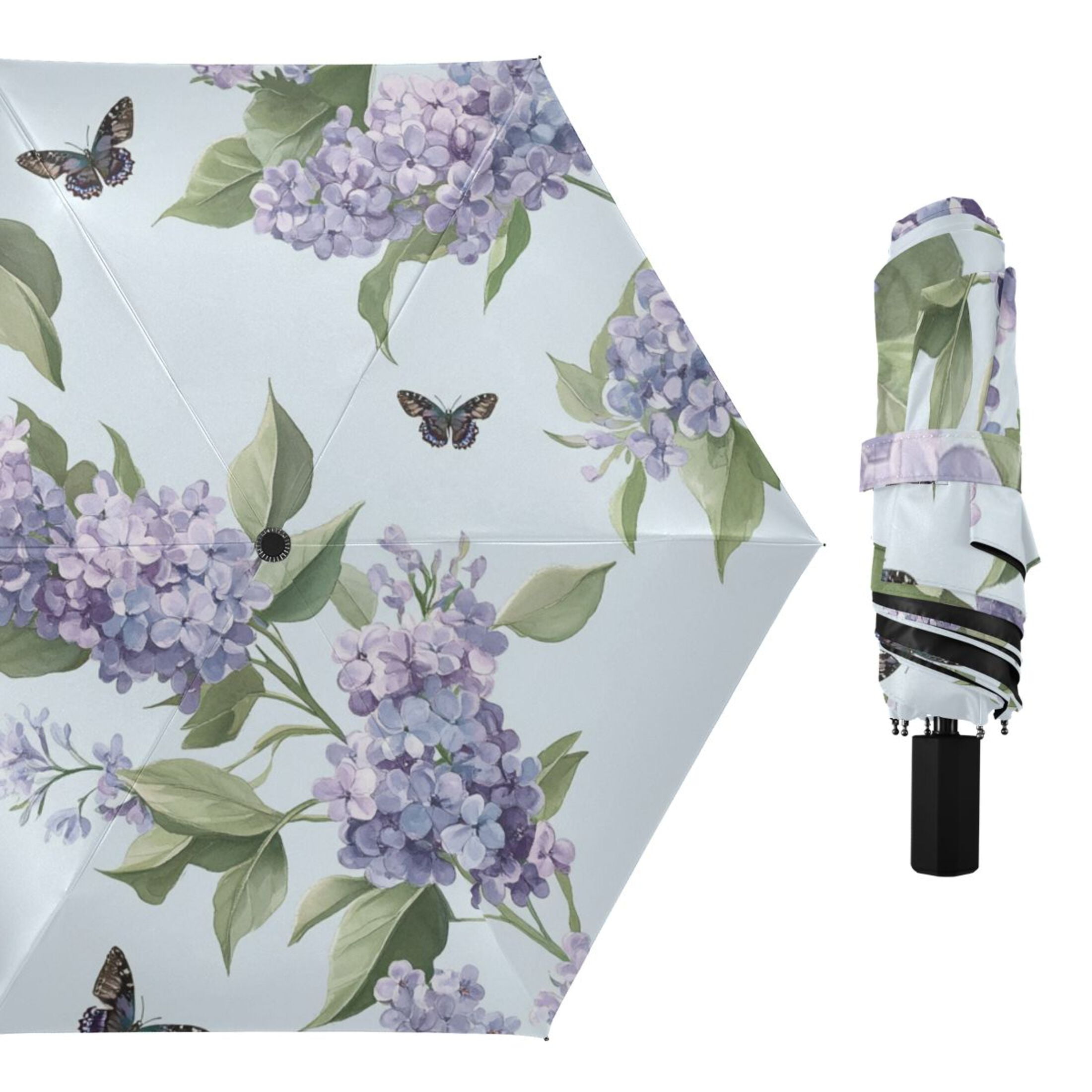 Beautiful Lilac Flowers and Butterflies All Weather Umbrella Triple Folding Parasol 6 Ribs UV Protection Portable