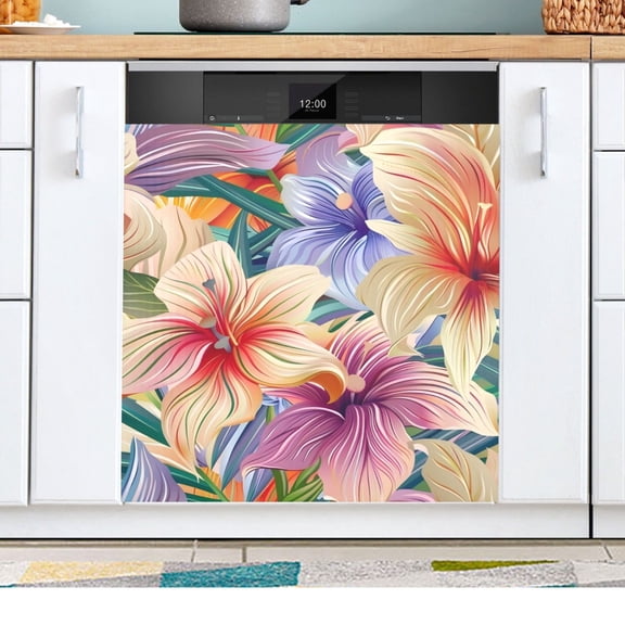 Beautiful Lily Flowers Dishwasher Magnetic Refrigerator Magnet Cover Kitchen Art Panel Decal Sticker Home Decorative 23"x26"