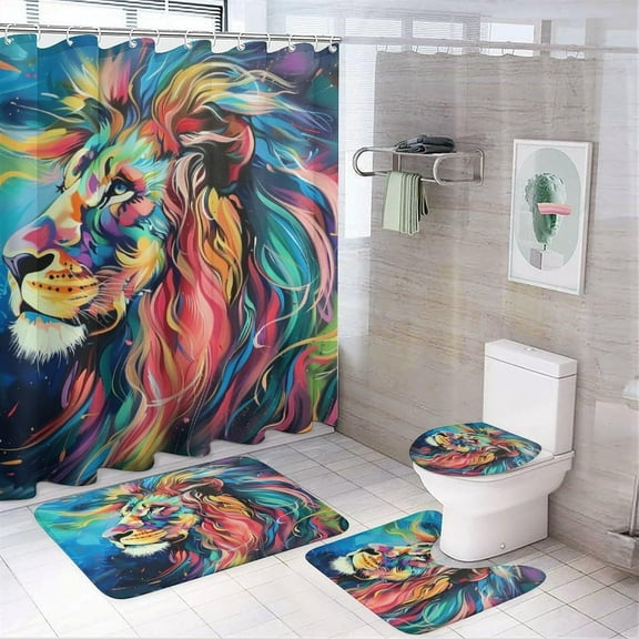Beautiful Lion Shower Curtain Set 4 PCS, Colorful Fantasy Animals Bathroom Sets with Shower Curtain and Rugs, Toilet Lid Cover and Bath Mat, Waterproof Shower Curtain with 12 Hooks