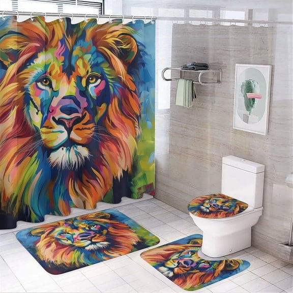 Beautiful Lion Shower Curtain Set 4 PCS, Colorful Fantasy Animals Bathroom Sets with Shower Curtain and Rugs, Toilet Lid Cover and Bath Mat, Waterproof Shower Curtain with 12 Hooks
