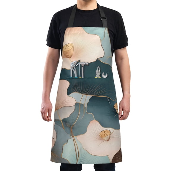 Beautiful Lotus Art Picture Chef Kitchen Apron with Pockets for Women Waterproof Aprons for Cooking Baking