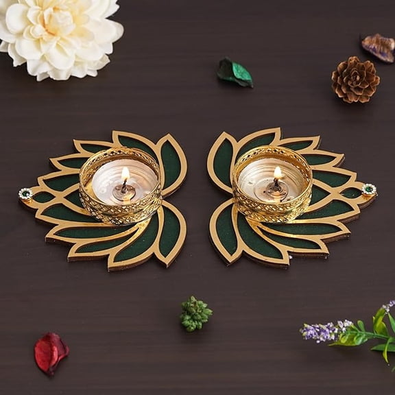 Beautiful Lotus Tea Light Holders (Set of 2, Golden Green)| Tea Light Candle Holders| Diwali Decoration Items for Home Decor| T Light Candle Holders Gift for Diwali Christmas Housewarming