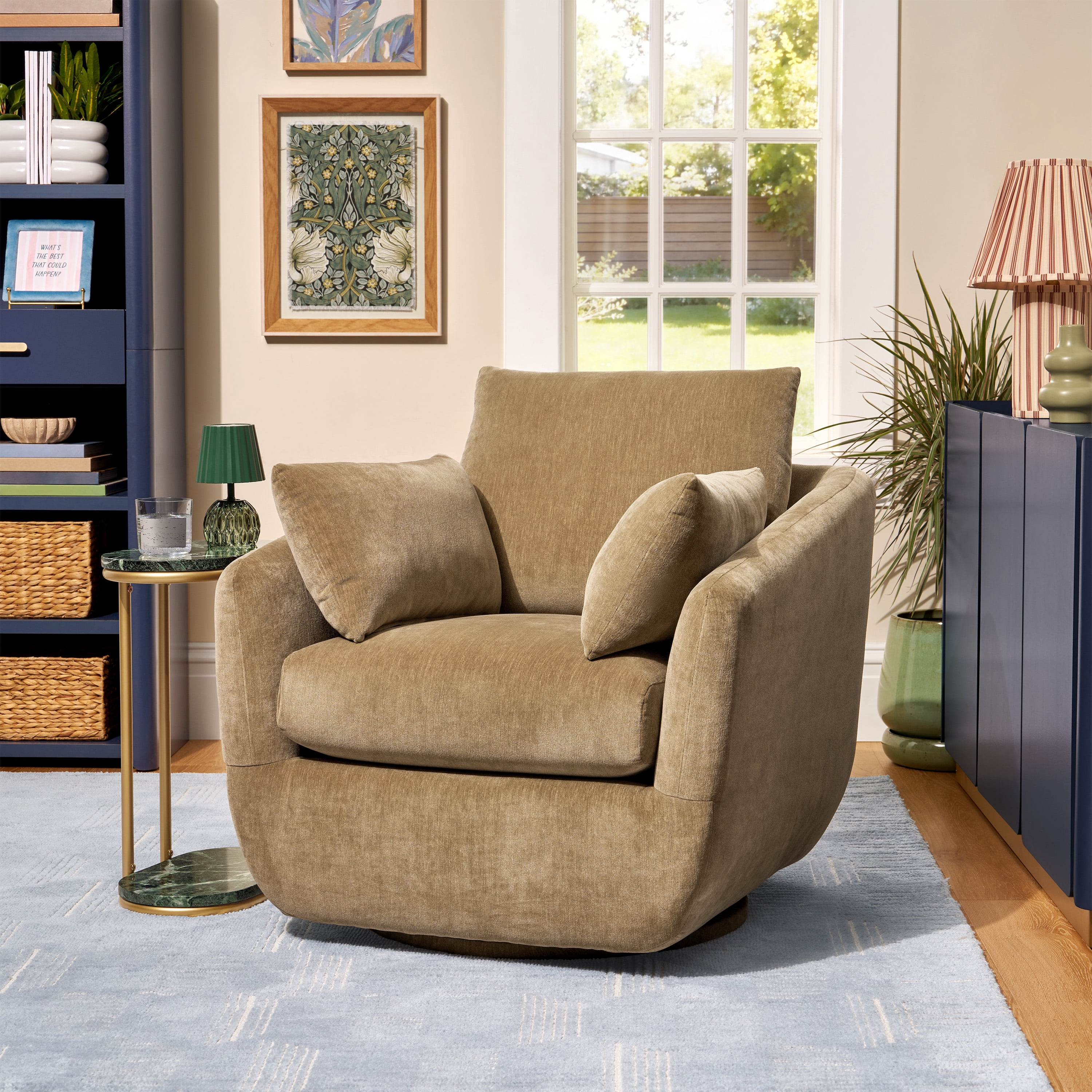 Beautiful Louisa Swivel Chair by Drew Barrymore, Latte Fabric