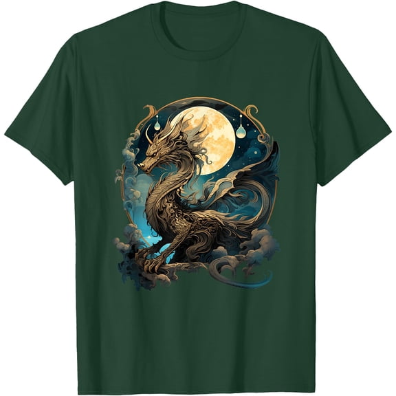 Beautiful Lunar Gold Dragon Floral Art Noveau Unisex T-Shirt for Men Women Kids Toddler,Forest Green Color,Size L