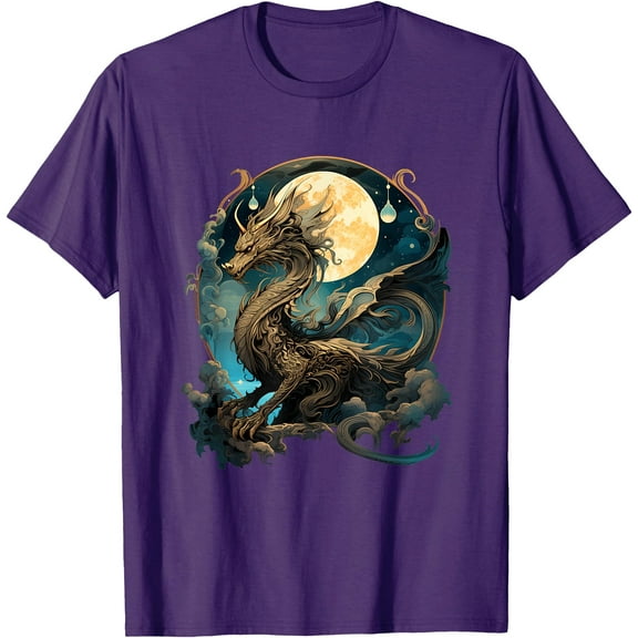 Beautiful Lunar Gold Dragon Floral Art Noveau Unisex T-Shirt for Men Women Kids Toddler,Purple Color,Size L