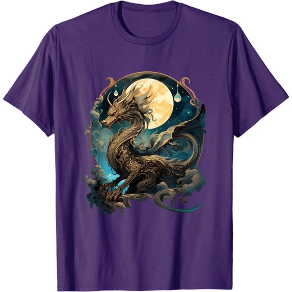 Beautiful Lunar Gold Dragon Floral Art Noveau Unisex T-Shirt for Men Women Kids Toddler,Purple Color,Size YS