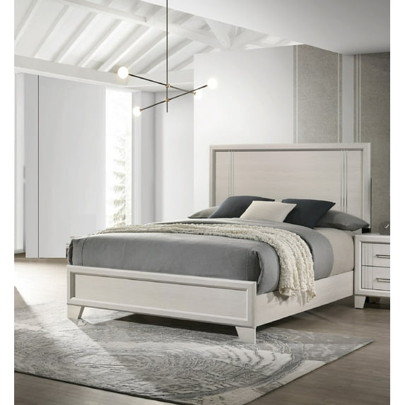 Beautiful Lustrous White Cream Finish Queen Size Panel Bed 1pc Wooden Bedroom Furniture