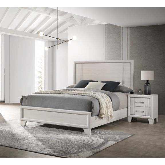 Beautiful Lustrous White Cream Finish Queen Size Panel Bed 2x Nightstand 3pc Bedroom Set