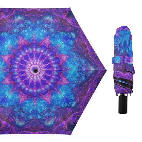 Beautiful Mandala Flowers All Weather Umbrella Triple Folding Parasol 6 Ribs UV Protection Portable