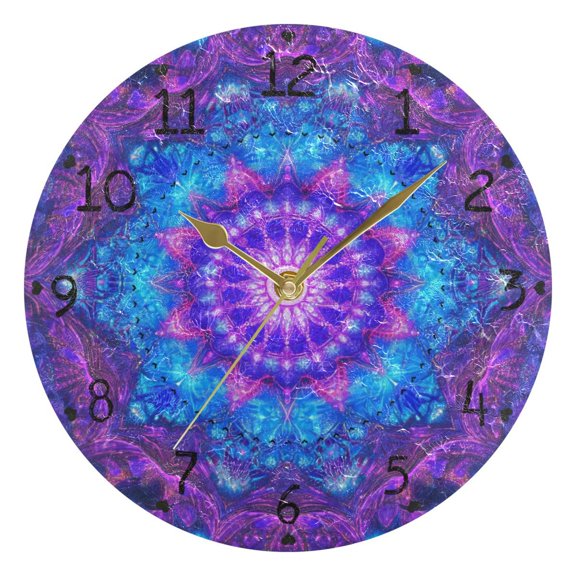 Beautiful Mandala Flowers Round Wall Clock Silent Analog Battery Operated Gold Pointer Home Decor 9.84" Diameter