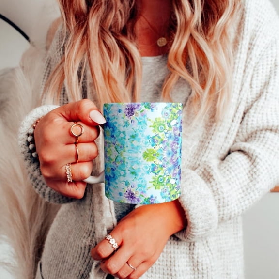 Beautiful Mandala Pattern Ceramic Mug, Green Blue & Purple Boho Mandala Coffee Cup, Colorful Floral Teacup, Intrite Vibrant Mug.