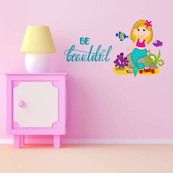 Be Beautiful Mermaid Colorful Fish Salt Water Princess Creatures Seahorse Queen Sweet Dreams Bedtime Unicorn Lovely Dear Dream Holiday Gift Decorating Wall Decal Sticker - Size: 30 In X 18 In