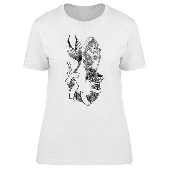 Beautiful Mermaid Sketch Design T-Shirt Women -Image by Shutterstock, Female 3X-Large