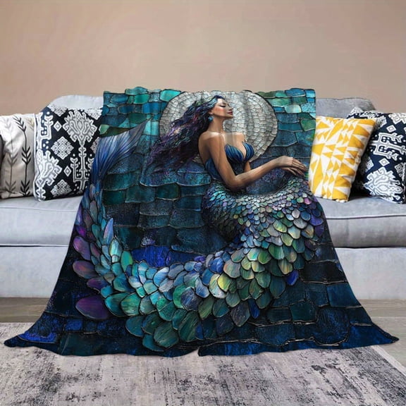 Beautiful Mermaid Soft Warm Cozy Flannel Blanket, Watercolor Fantasy Mermaid Fish ScalesThrow Blankets Fuzzy Plush Blanket Lightweight