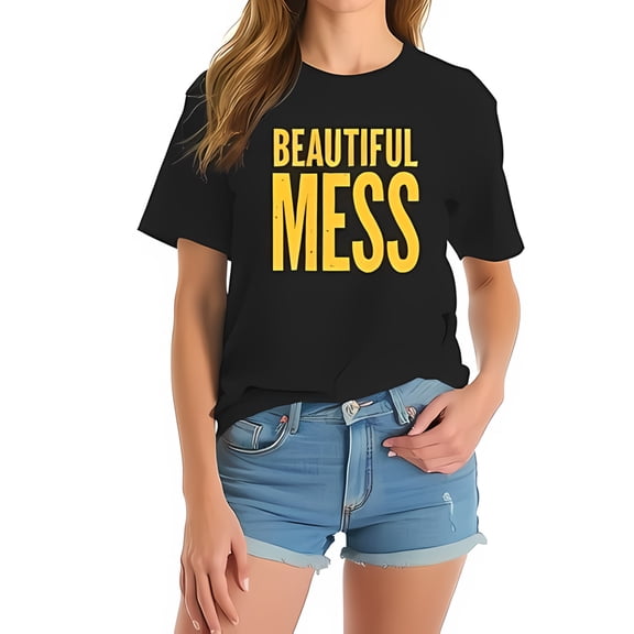 Beautiful Mess Cotton Short Sleeve T-Shirt for Women - Bold Textured Golden-Yellow Print on Black Tee Casual Oversized Fit Perfect for Summer Style