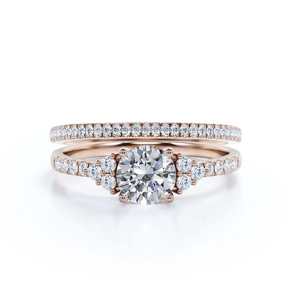 Beautiful Mid-Century 1.75 Carat Round Cut Diamond Moissanite Engagement Ring, Wedding Ring In 10K Solid Rose Gold, Gift For Her, 7 Stone Ring, Promise Ring, Anniversary, Bridal Set, Matching Band