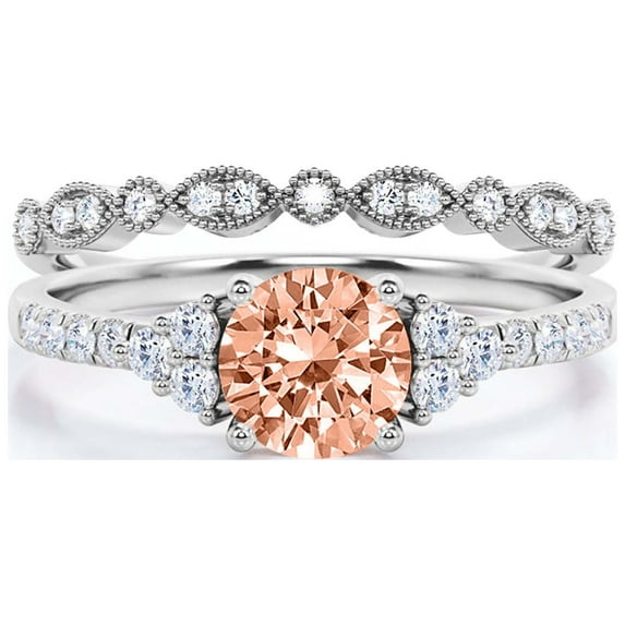 Beautiful Mid-Century 1.75 Carat Round Cut Morganite And Diamond Moissanite Engagement Ring, Wedding Ring In 925 Sterling Silver With 18K White Gold Plating, 7 Stone Ring, Bridal Set, Matching Band