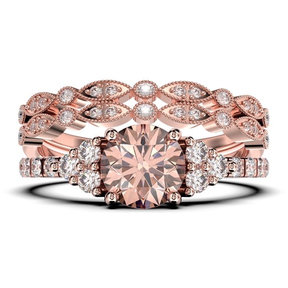 Beautiful Mid-Century 2.25 Carat Round Cut Morganite And Diamond Moissanite Engagement Ring, Wedding Ring In 10K Solid Rose Gold, 7 Stone Ring, Promise Ring, Anniversary, Trio Set, Matching Band
