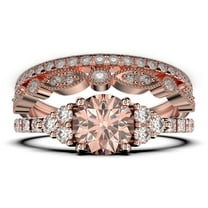 Beautiful Mid-Century 2.25 Carat Round Cut Morganite And Diamond Moissanite Engagement Ring, Wedding Ring In 925 Sterling Silver With 18K Rose Gold Plating, 7 Stone Ring, Trio Set, Matching Band