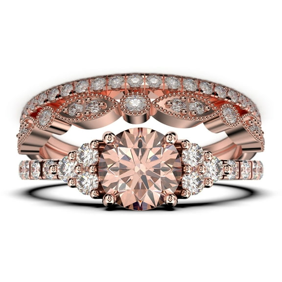 Beautiful Mid-Century 2.25 Carat Round Cut Morganite And Diamond Moissanite Engagement Ring, Wedding Ring In 925 Sterling Silver With 18K Rose Gold Plating, 7 Stone Ring, Trio Set, Matching Band