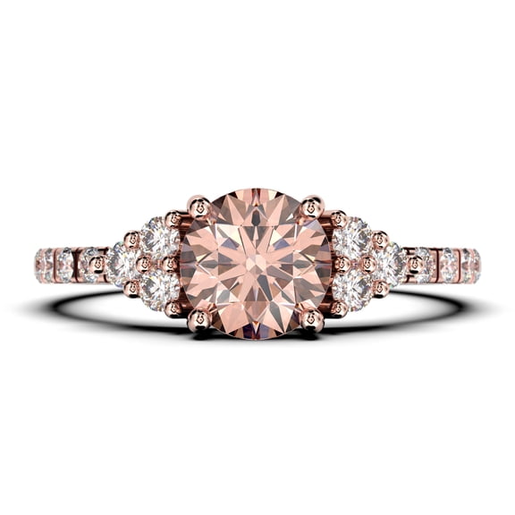 Beautiful Mid-century 1.25 Carat Round Cut Morganite And Diamond Moissanite Engagement Ring, Wedding Ring in 10k Solid Rose Gold, Gift For Her, 7 Stone Bridal Ring, Promise Ring, Anniversary Gift