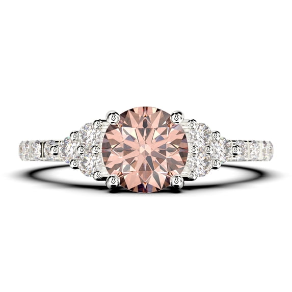 Beautiful Mid-century 1.25 Carat Round Cut Morganite And Diamond Moissanite Engagement Ring, Wedding Ring in 925 Sterling Silver With 18k White Gold Plating, 7 Stone Bridal Ring, Promise Ring