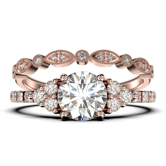 Beautiful Mid-century 1.75 Carat Round Cut Diamond Moissanite Engagement Ring, Wedding Ring in 10k Solid Rose Gold, 7 Stone Ring, Promise Ring, Anniversary, Bridal Set, Matching Band
