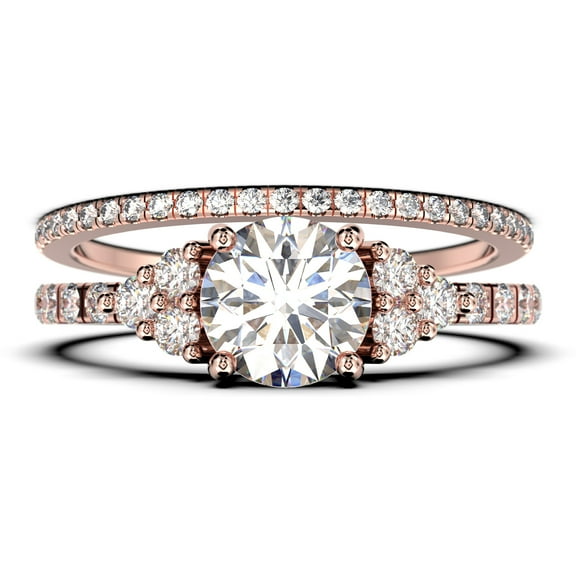 Beautiful Mid-century 1.75 Carat Round Cut Diamond Moissanite Engagement Ring, Wedding Ring in 10k Solid Rose Gold, 7 Stone Ring, Promise Ring, Anniversary, Bridal Set, Matching Band