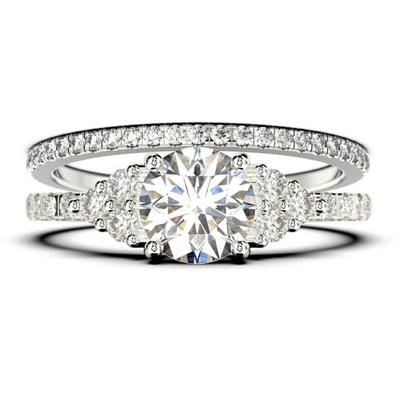 Beautiful Mid-century 1.75 Carat Round Cut Diamond Moissanite Engagement Ring, Wedding Ring in 10k Solid White Gold, 7 Stone Ring, Promise Ring, Anniversary, Bridal Set, Matching Band