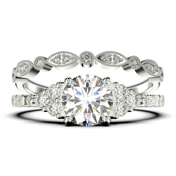 Beautiful Mid-century 1.75 Carat Round Cut Diamond Moissanite Engagement Ring, Wedding Ring in 10k Solid White Gold, 7 Stone Ring, Promise Ring, Anniversary, Bridal Set, Matching Band