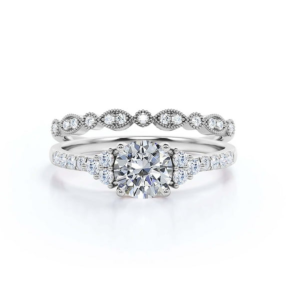 Beautiful Mid-century 1.75 Carat Round Cut Diamond Moissanite Engagement Ring, Wedding Ring in 10k Solid White Gold, Gift For Her, 7 Stone Ring, Promise Ring, Anniversary, Bridal Set, Matching Band