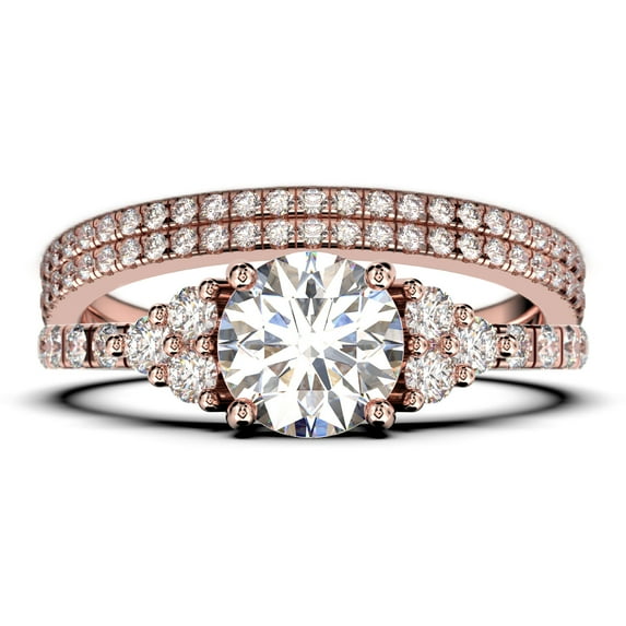 Beautiful Mid-century 2.25 Carat Round Cut Diamond Moissanite Engagement Ring, Wedding Ring in 10k Solid Rose Gold, 7 Stone Ring, Promise Ring, Anniversary, Trio Set, Matching Band