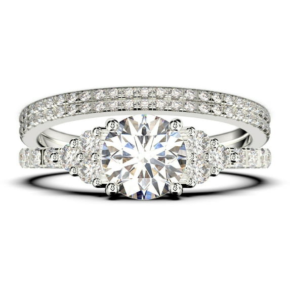 Beautiful Mid-century 2.25 Carat Round Cut Diamond Moissanite Engagement Ring, Wedding Ring in 10k Solid White Gold, 7 Stone Ring, Promise Ring, Anniversary, Trio Set, Matching Band