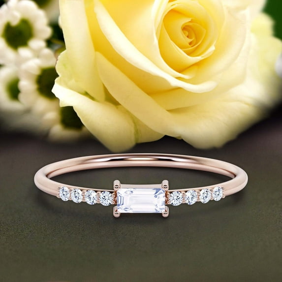 Beautiful Minimalist 0.95 Carat Emerald Cut Diamond Moissanite Engagement Ring, Wedding Ring In 925 Sterling Silver With 18K Rose Gold Plating, Gift For Her, Girlfriend, Promise, Anniversary Ring